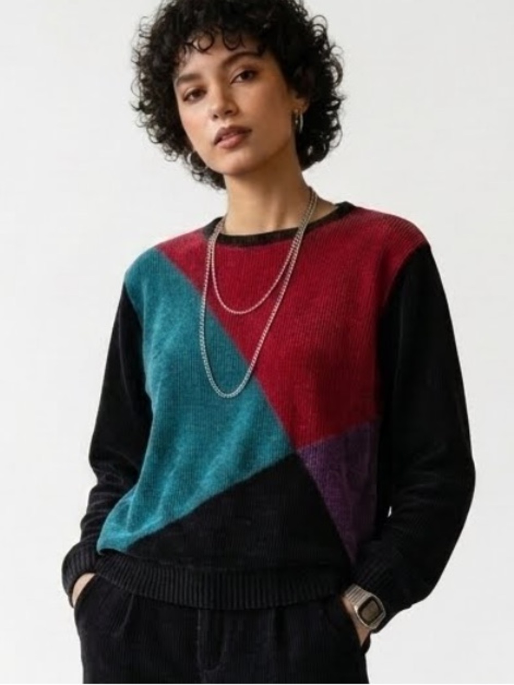 Vintage 80’s Teddi Colorblock Chenille Crewneck Sweater Red/Teal/Purple Sz Small
